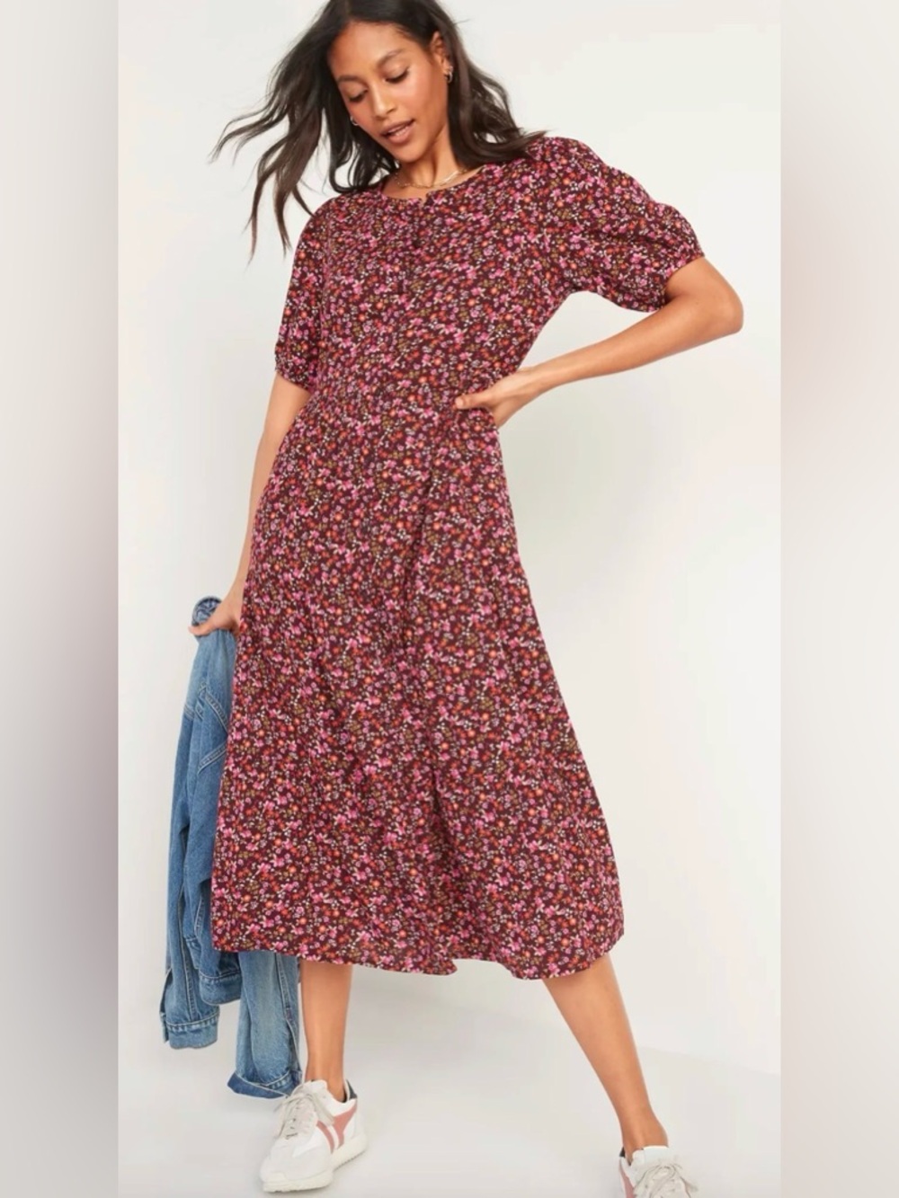 Old Navy Floral Puff-Sleeve Button-Front Midi Dress in Burgundy Pink Size M